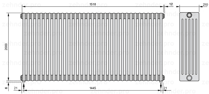 Схема (чертеж) Радиатор Zehnder Charleston 6200/33 №3570 Белый глянцевый RAL 9016